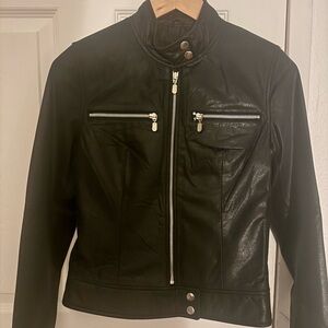Frenchi Black Genuine Leather Jacket with Silver Accents